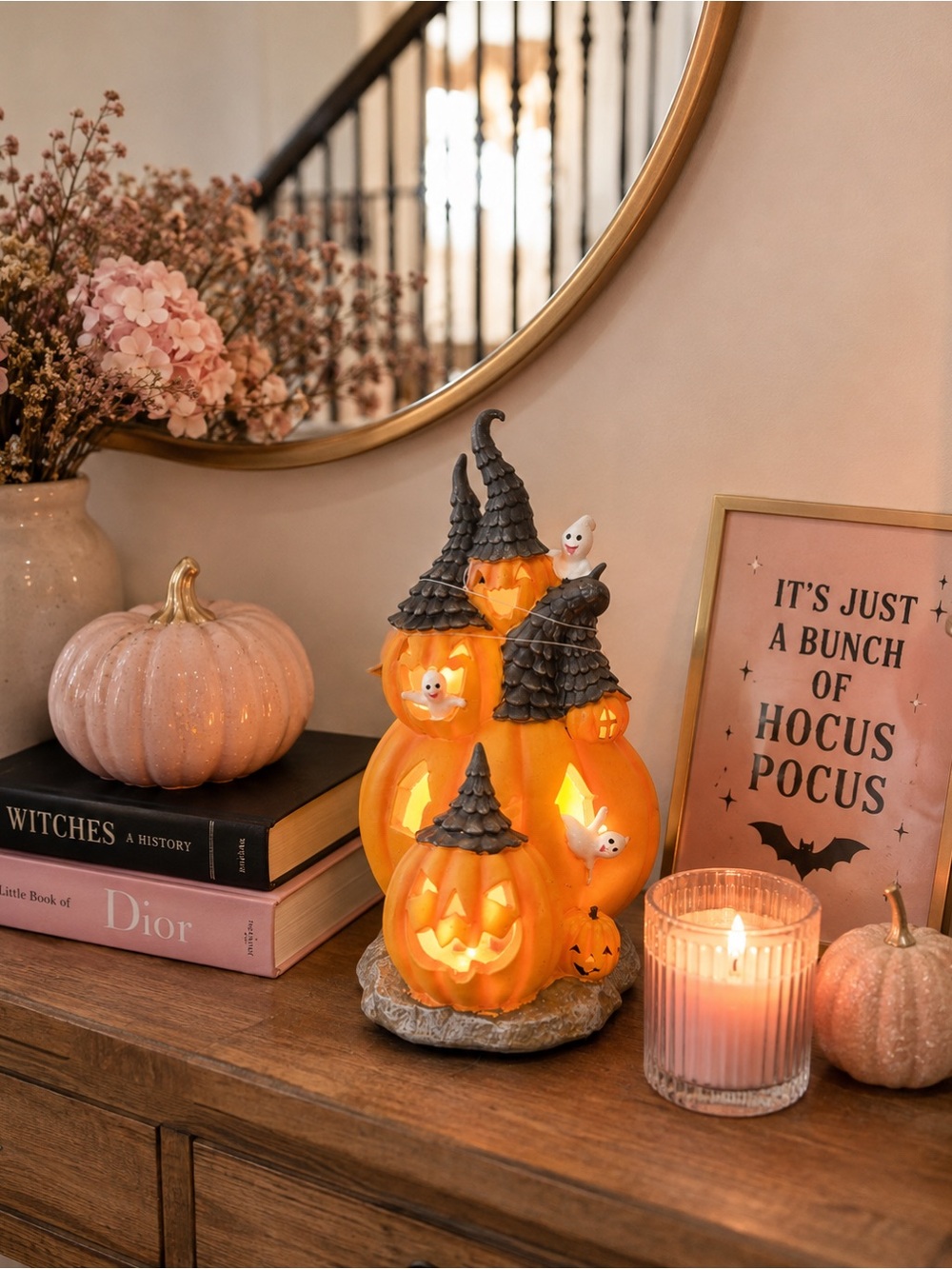 NWT Lighted Pumpkin Ghost Halloween House Figurine 12” LED Jack-O’-Lantern Décor